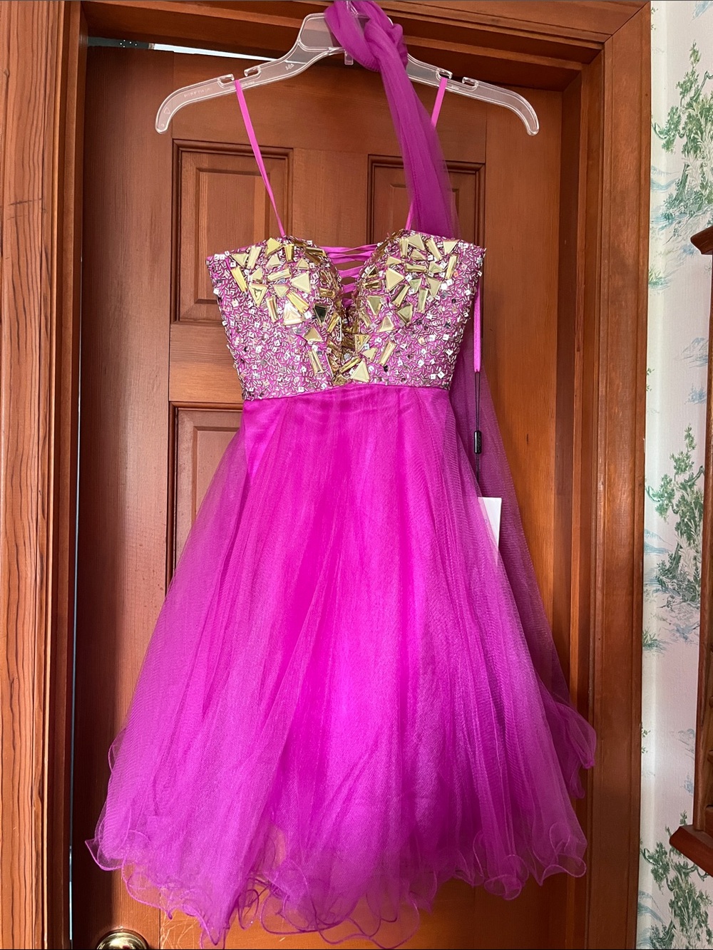 NWT Night Moves Prom Collection Fuchsia Beaded Tulle Dress Corset Back Sz 0